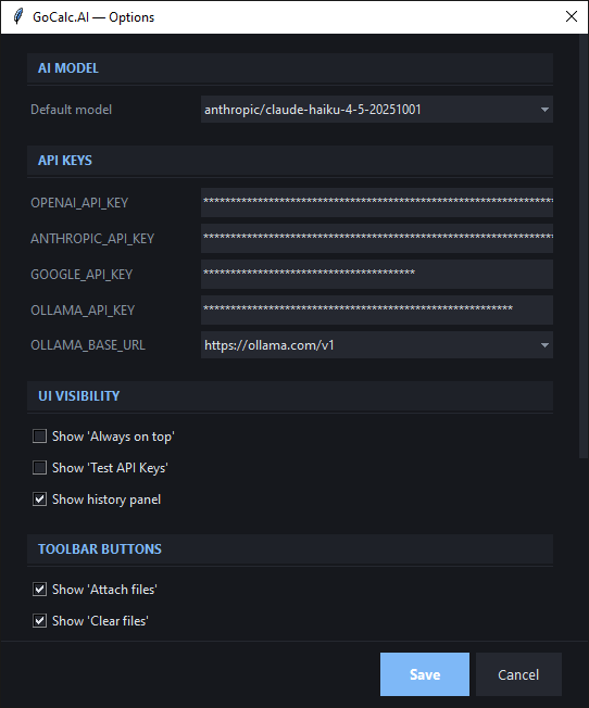 GoCalc.AI Options & Configuration dialog