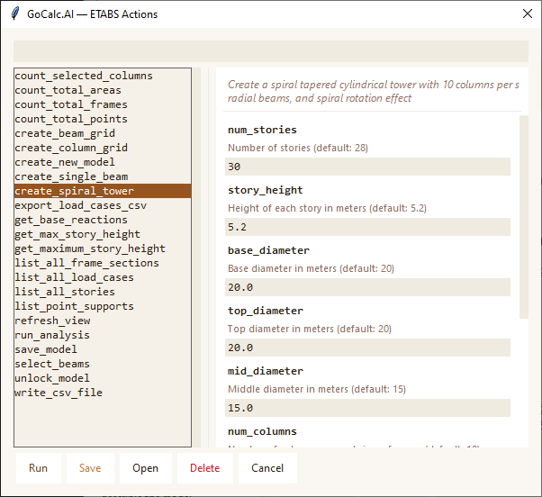 GoCalc.AI ETABS Actions browser showing action list on the left and editable inputs panel on the right
