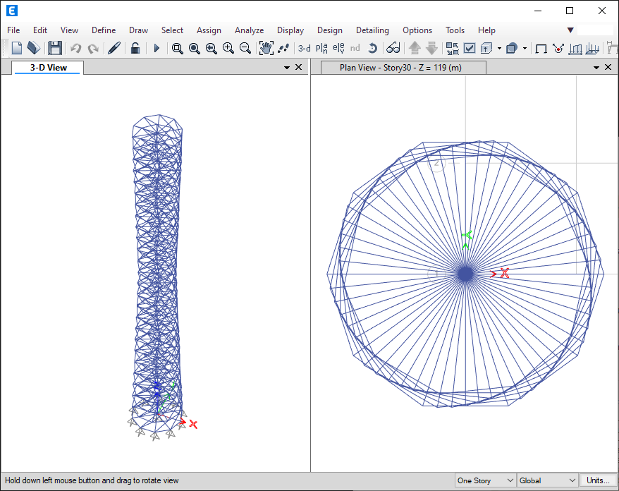 ETABS 3D and plan view of a spiral tower generated by GoCalc.AI