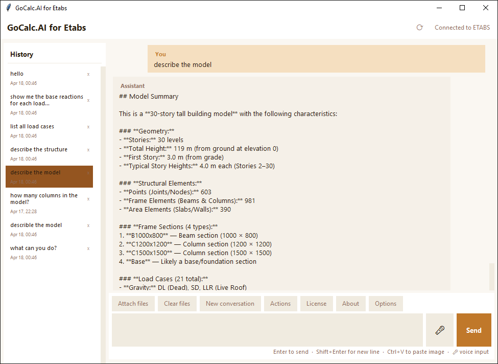 GoCalc.AI for ETABS main chat window