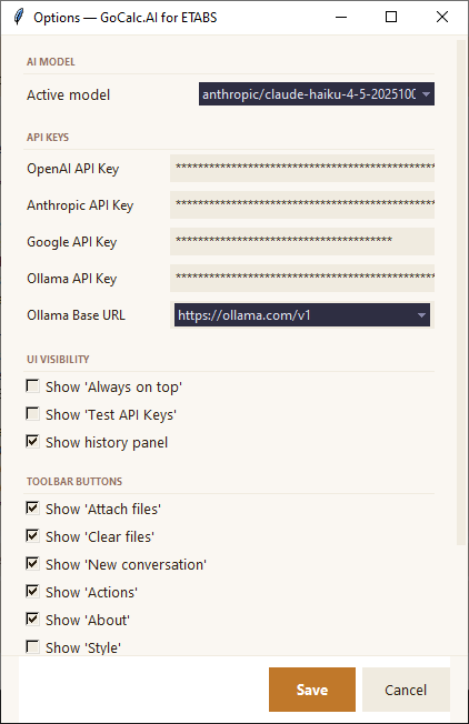 GoCalc.AI Options dialog showing AI model selector, API key fields, UI visibility toggles, and toolbar button checkboxes