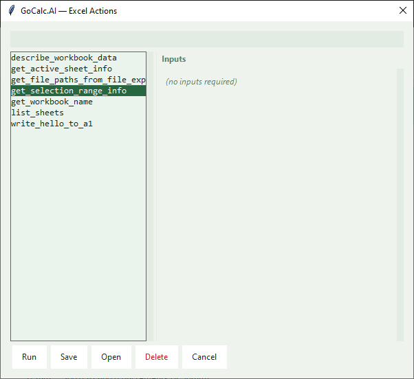 GoCalc.AI — Excel Actions browser dialog