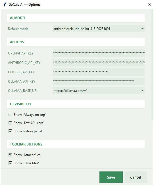 GoCalc.AI — Options dialog