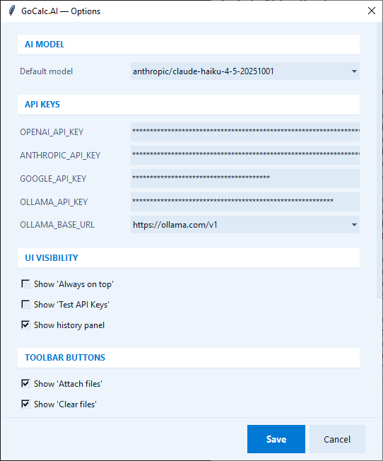 GoCalc AI Revit Options dialog for API keys and model selection