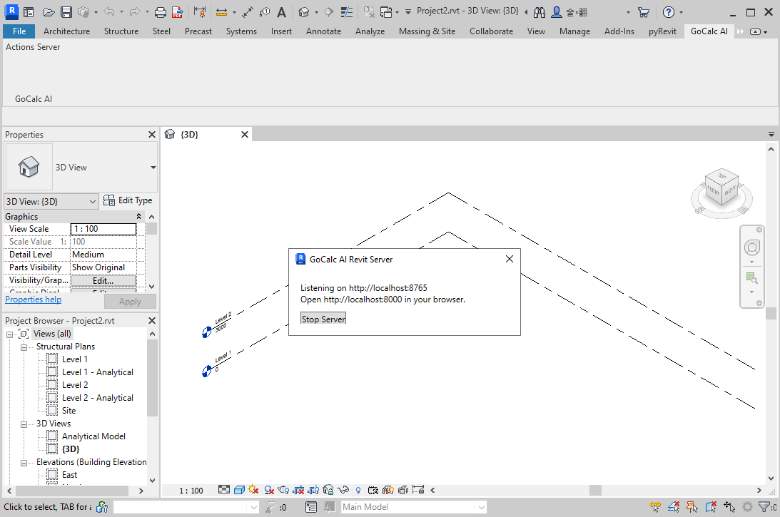 GoCalc AI Revit server dialog listening on localhost port 8765