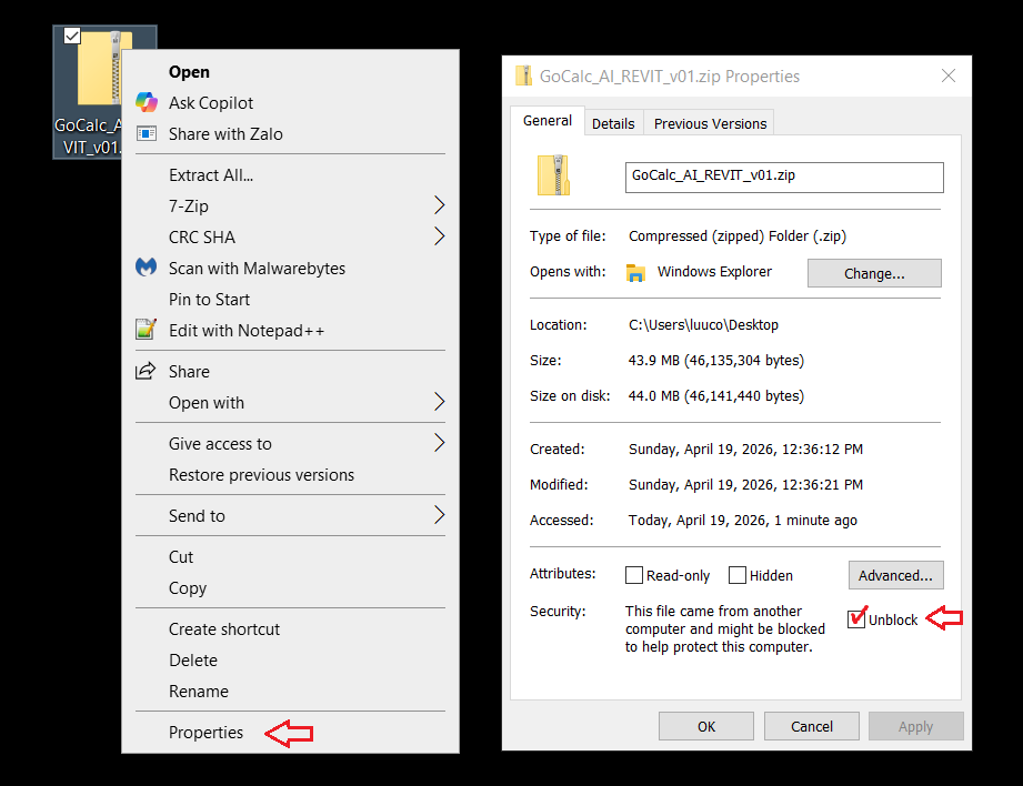 Windows file properties dialog showing the Unblock checkbox